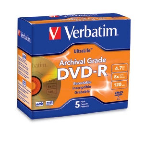 VERBATIM 96320 / 5PK DVD-R 8X ULTRALIFE ARCHIVAL GRADE GOLD SHINY JEWEL CASE