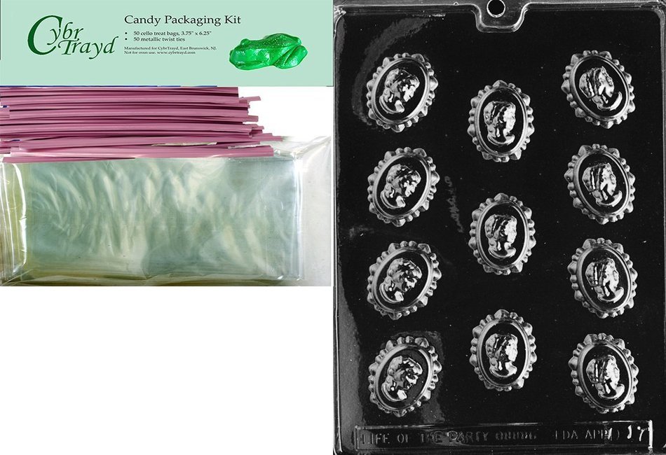 Cybrtrayd Mdk50PKBk-D017 "Cameo in Lace Moms" Chocolate Candy Mold with Bundle of 50 Cello Bags, 50 Pink Twist...