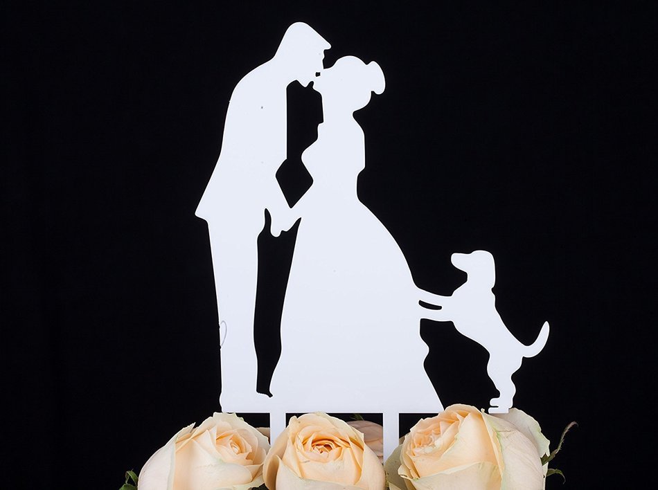 LOVENJOY with Gift Box Kissing Bride Groom Couple and Big Dog Animal Silhouette Wedding Cake Decoration Topper... N18