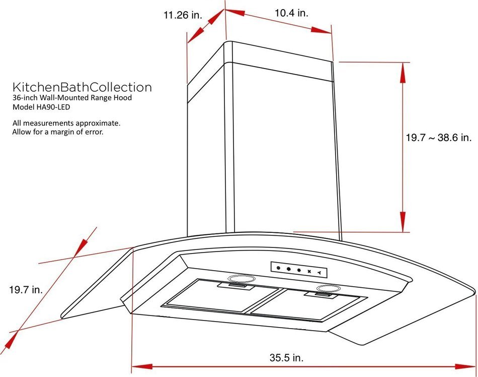 Kitchen Bath Collection HA90-LED Stainless Steel Wall-Mounted Kitchen Range Hood with Tempered Glass Canopy and...