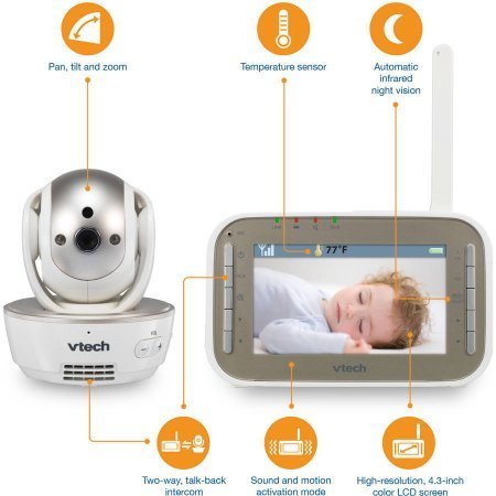 VTech VM343 Safe & Sound Video Baby Monitor with Night Vision, Pan/Tilt/Zoom and Two-Way Audio N9
