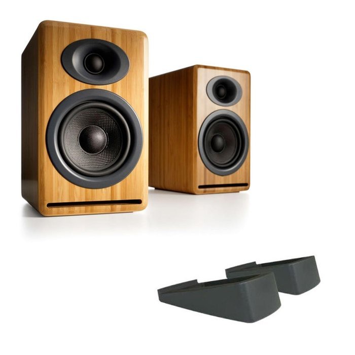 Audioengine P4 Premium Passive Bookshelf Speakers (Bamboo) with DS2 Desktop Speaker Stands (Black) N3