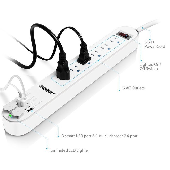 BESTEK 6-Outlet Surge Protector 6.6ft Cord with 7.5A 4 USB Ports N17
