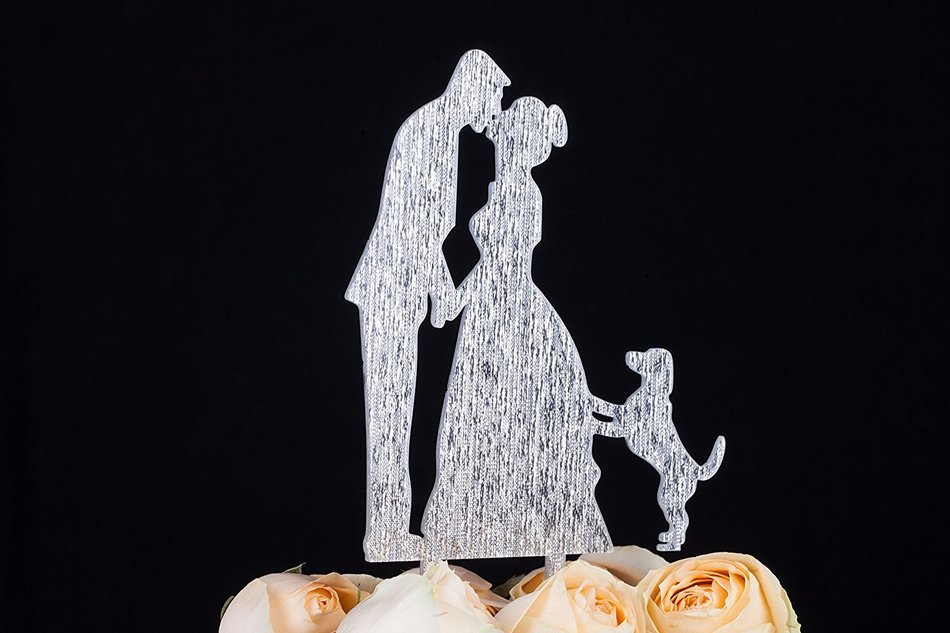 LOVENJOY with Gift Box Kissing Bride Groom Couple and Big Dog Animal Silhouette Wedding Cake Decoration Topper... N23
