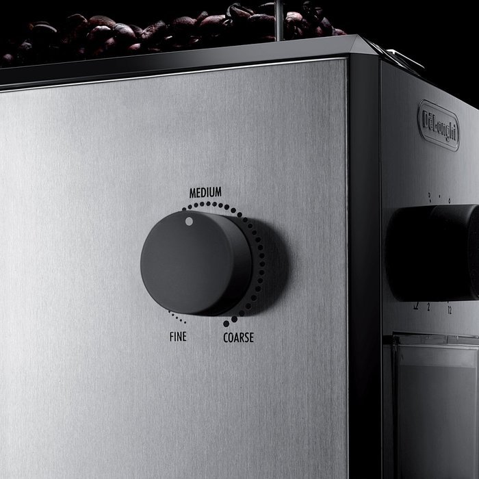 DeLonghi Stainless Steel Burr Coffee Grinder with Grind Selector and Quantity Control