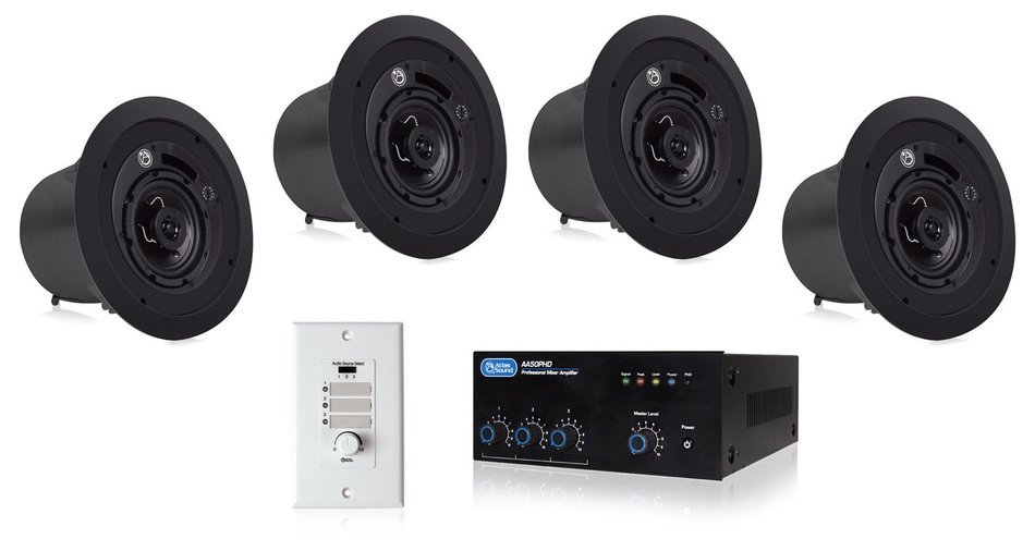 Restaurant Sound System Package with 4 Atlas Sound FAP42T In-Ceiling Loudspeakers and Mixer Amplifier (White) N3