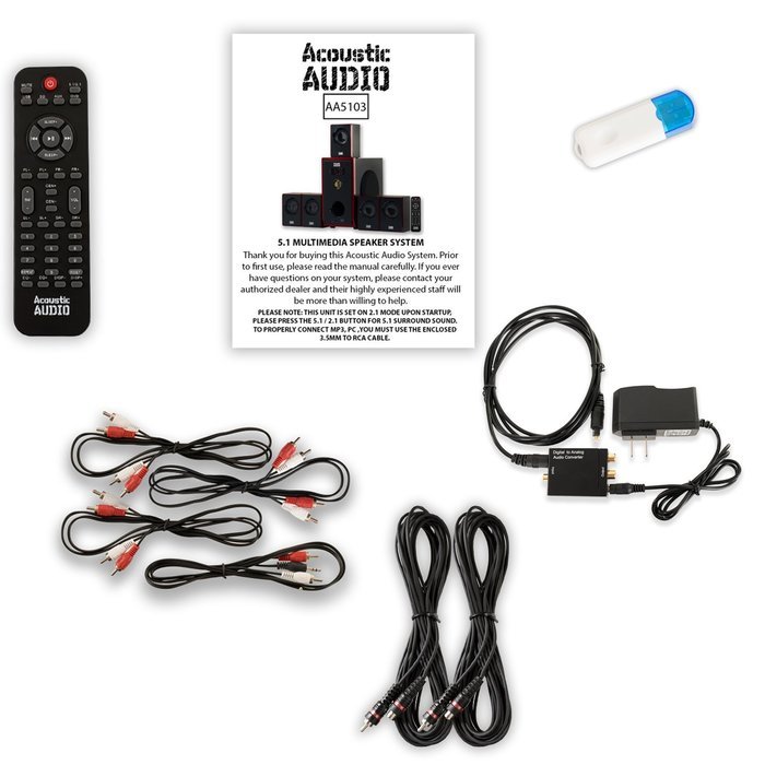 Acoustic Audio AA5103 Home 5.1 Speaker System with USB Bluetooth Optical Input and 2 Ext. Cables N2