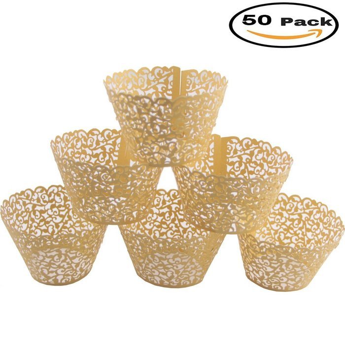Mydio Set of 50 Cupcake Wrappers Wedding Birthday Decorations, Gold
