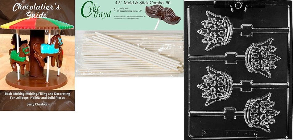 Cybrtrayd 'Crown Lollies' Kids Chocolate Candy Mold with 50 4.5-Inch Lollipop Sticks and Chocolatier's Guide