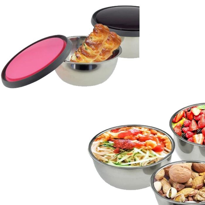 Pack of 3 Round Crispers Stainless Steel Bowl Insulation Boxes with Colored Plastic Cover N5