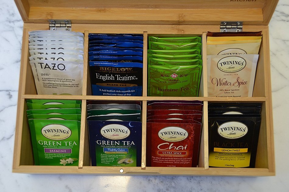Tea Organizer, Tea Bag Box with Unique Chinese &ldquo;Tea&rdquo; Character, Wood Beveled Box Holds 96 Bags (With Chinese character) N4