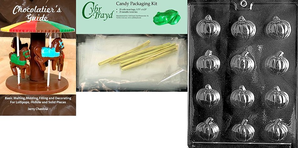 Cybrtrayd Small Pumpkin Thanksgiving Chocolate Mold with Chocolatier's Bundle, Includes 25 Cello Bags, 25 Gold...