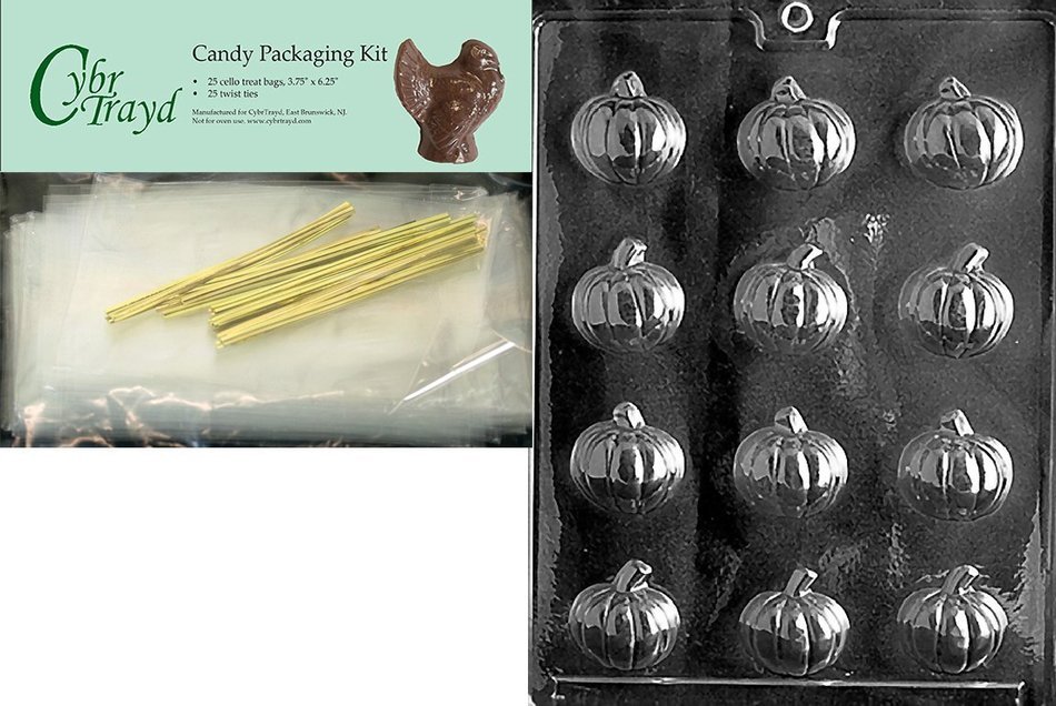 Cybrtrayd MdK25T-T017 Pumpkin Thanksgiving Chocolate Mold with Chocolate Packaging Kit, Small, Includes 25 Cello...