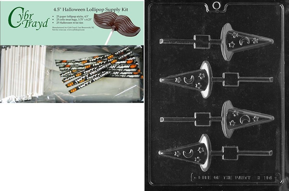 Cybrtrayd 45StK25H-H114 Witch's Hat Lolly Halloween Chocolate Mold with Lollipop Supply Kit