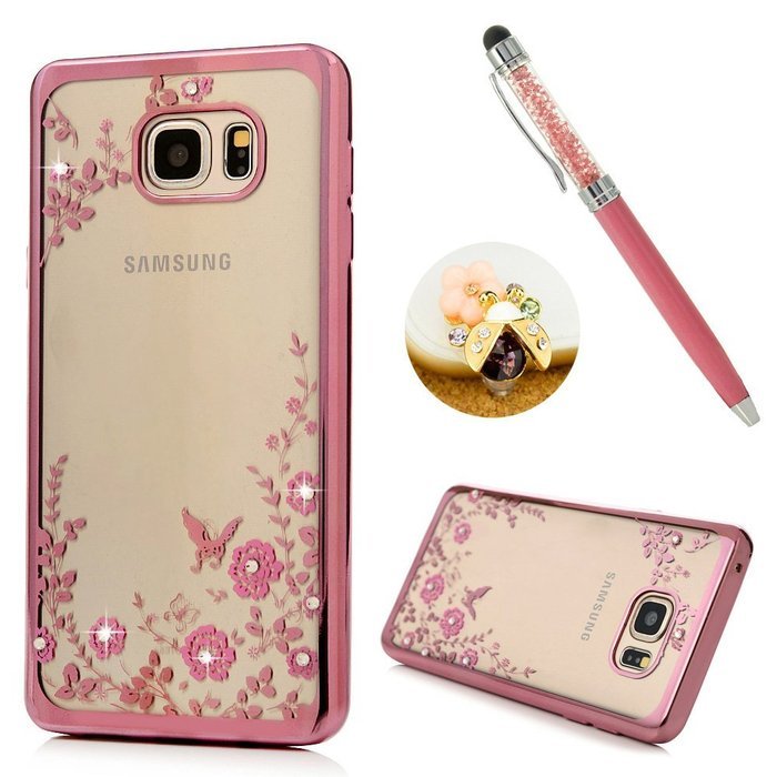 Note 5 Case,Samsung Galaxy Note 5 Case - Badalink Clear Soft TPU Case with Bling Shiny Diamonds Elegant Pink Flowers... N14
