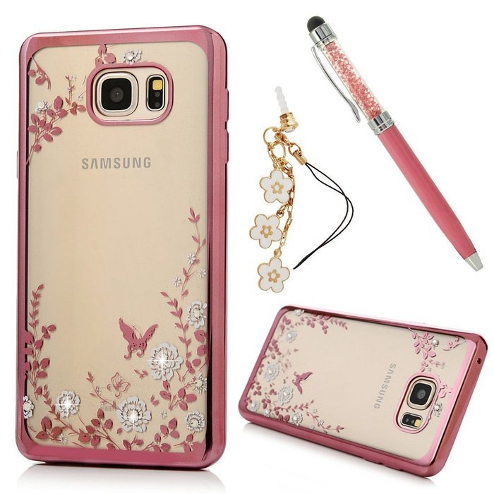 Note 5 Case,Samsung Galaxy Note 5 Case - Badalink Clear Soft TPU Case with Bling Shiny Diamonds Elegant Pink Flowers... N16
