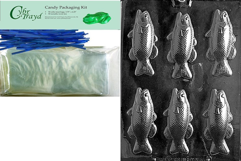Cybrtrayd Mdk50B-N053 Bass Fish Bars Nautical Chocolate Candy Mold with Packaging Bundle, Includes 50 Cello Bags...