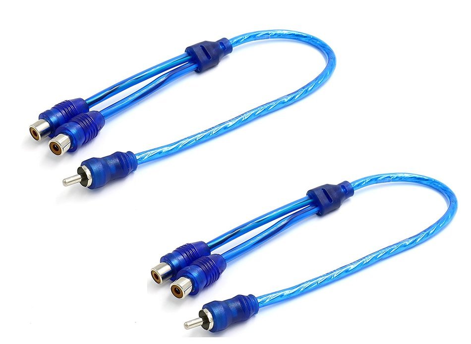 iExcell 2 Pcs Male to 2 Female RCA Speaker Splitter Cable Adapter Blue 12", Shielded N2