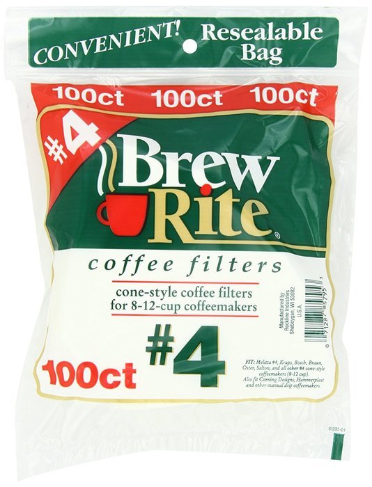 Brew Rite #4 Cone Coffee Filters, White Paper, 100-Count Bags (Pack of 8) N3
