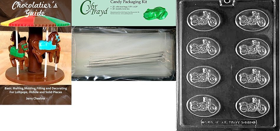 Cybrtrayd 'Motorcycle Pieces Kids' Chocolate Candy Mold with Chocolatier's Bundle of 25 Cello Bags, 25 Silver...