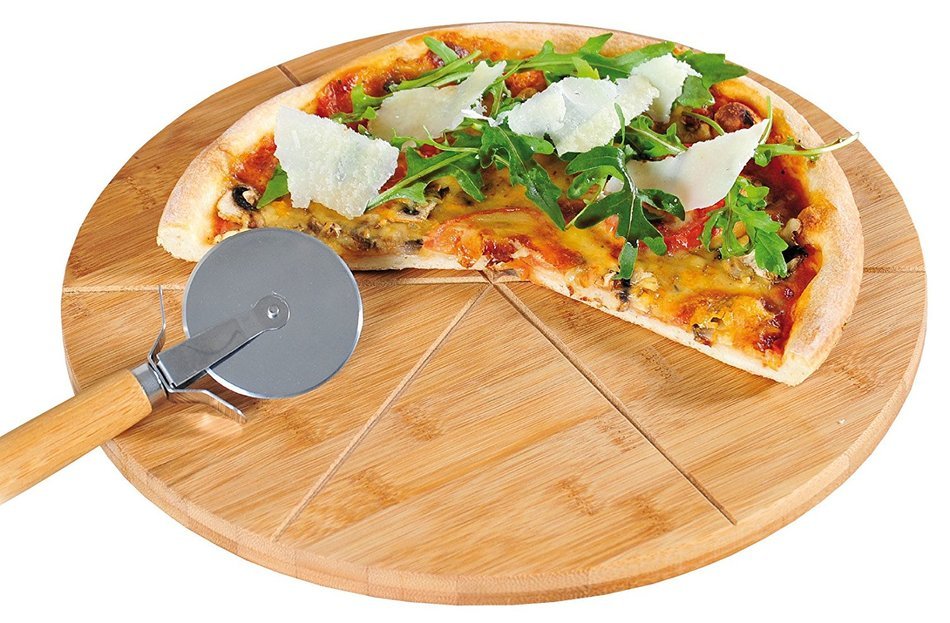 Kesper Pizza Plate With Pizza Cutter 12.60" of Bamboo, Brown N2