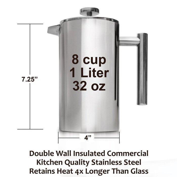 Business Class Brew French Press - Stainless Steel Press Pot Coffee Maker with Polished Exterior Finish and Insulated... N2