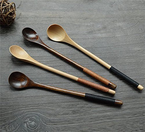AUCH 4Pcs Handmade Natural Wood Kusunoki Lines Wooden Coffee Tea Mixing Spoon/Stirrers/Dippers, 20*2.9cm N2