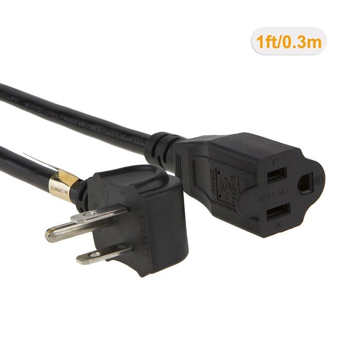 CableCreation [10-PACK] 1 Foot 16 AWG Angle Power Extension Cable Cord For NEMA 5-15R to NEMA 5-15P, 0.3M / Black N4