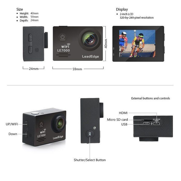 LeadEdge LE7000 Action Camera FHD 1080P 2.0 Inch Sport Waterproof With 1 Extra Battery And 1 Dual Battery Charger...