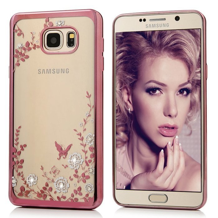 Note 5 Case,Samsung Galaxy Note 5 Case - Badalink Clear Soft TPU Case with Bling Shiny Diamonds Elegant Pink Flowers... N25