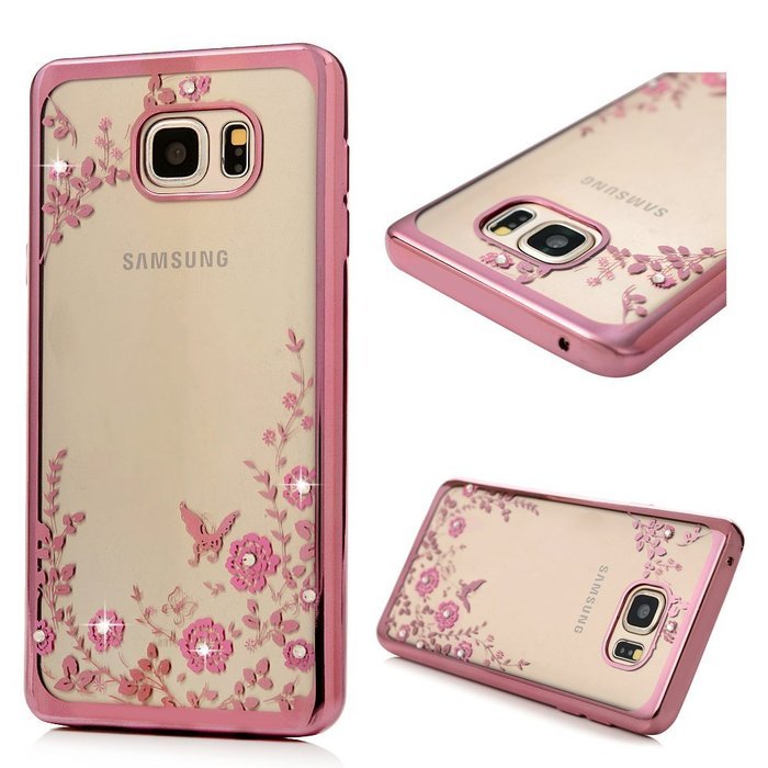 Note 5 Case,Samsung Galaxy Note 5 Case - Badalink Clear Soft TPU Case with Bling Shiny Diamonds Elegant Pink Flowers... N28