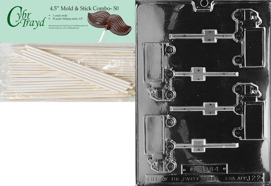 Cybrtrayd 45St50-J022 Truck Lolly Jobs Chocolate Candy Mold with 50 Lollipop Sticks, 4.5-Inch N3