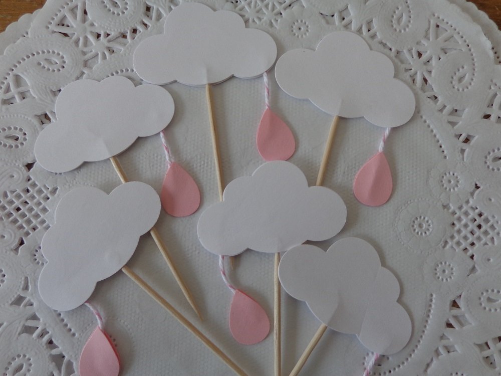 Cloud and Raindrop Cupcake Toppers Baby Shower Food Picks Baby Girl