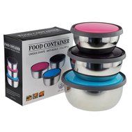 Pack of 3 Round Crispers Stainless Steel Bowl Insulation Boxes with Colored Plastic Cover N6