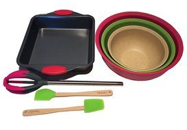 Fuller Brush Bamboo Mixing Bowls Bundle With Cake Pan, Batter Tool, and Spatulas (7 items) N5