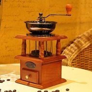 Superior Coffee Maker Vintage Roman Manual Coffee Bean Grinder Mill Double Closed Bin Wooden Case Base Coffee... N3