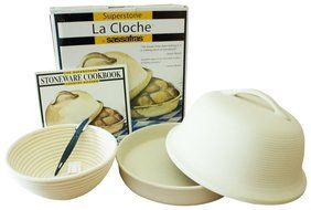 4-piece Superstone La Cloche Bread Baker, Scoring Tool, Round Banneton Proofing Basket, Cookbook Bundle N3