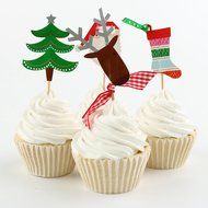 Pack of 24 Christmas Cake Toppers Picks Santa Claus Tree Deer Sock Home Party Decor N2