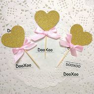 DOOXOO Gold Glitter Heart Pink Bow Cupcake Toppers Heart Toppers Gold Glitter Hearts Wedding Cupcake Toppers Wedding...