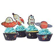 Ginger Ray Space Adventure Party Spaceship &amp; Robot Cupcake Cases &amp; Toppers, Mixed