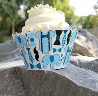 Baby boy elephants and bow ties ADJUSTABLE Baby Shower Cupcake Wrappers - Set of 12 - SW206 elephants, bow ties...
