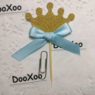 DOOXOO Crown Cupcake Toppers Blue Bow Gold First birthday party 12 Party cake toppers Gold glitter cupcake toppers...