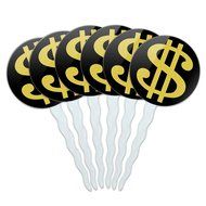 Set of 6 Cupcake Picks Toppers Decoration Symbols - Dollar Sign Gold and Black N7