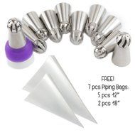 28 pcs Sphere Russian Piping Tips Set - 21 Icing Tips (XXL Size) + FREE 7 Piping Bags (Made in USA) + Tricolor...