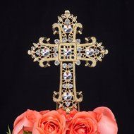 LOVENJOY Gift Box Pack Cross Rhinestone Crystal Gold Cake Decoration Topper for Wedding Religious Baptism Christening...
