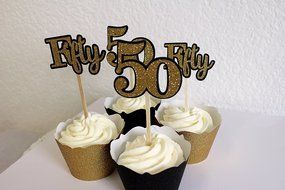 All About Details Black &amp; Gold Fifty Cupcake Toppers, Set of 12