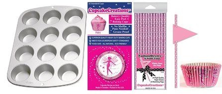 Pink Fairy Dust Party Pack, Muffin Pan, Baking Cups, Fashion Straws &amp; Name Flags