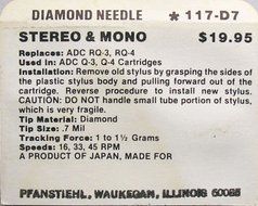 RECORD PLAYER STEREO TURNTABLE STYLUS NEEDLE ADC RQ3 RQ4 Q-3 ADC Q-4 117-D7 N4