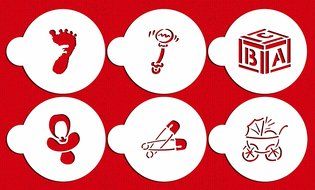 Designer Stencils C197 Baby Cookie and Cupcake Stencils (Large), Baby Carriage - Rattel - Pacifier - Block - Diaper...