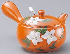 Yamakiikai pottery Orange Kyusu(Japanese teapot) with white flowers with a strainer 520cc GM953